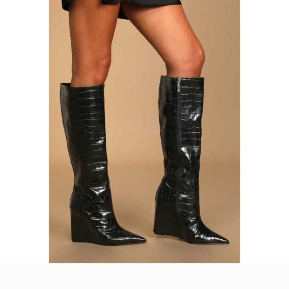 Schutz Aysa Up Boot Black Crocodile Womens Size 10